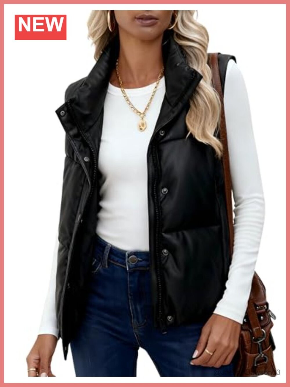 PU Leather Cropped Puffer Vest Faux Leather Zip Up Sleeveless Jacket